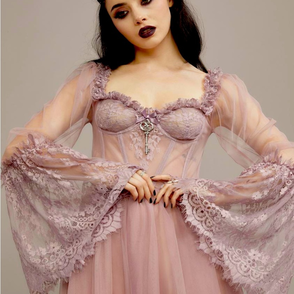 Widow Dances With Death sheer lace dress in mauve xxs